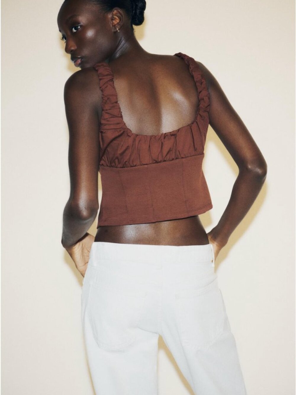 🤎 ZARA Combination Interlock & Poplin Top – Brown NWT Size S - Picture 3 of 13